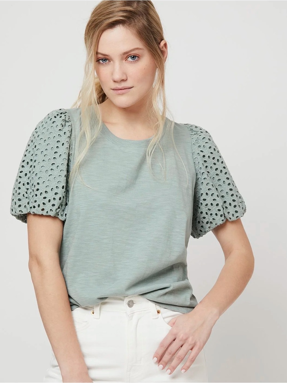 NWT Jane + Delancey Sage Green Eyelet Puff Sleeve Top Large Cottagecore Coastal
